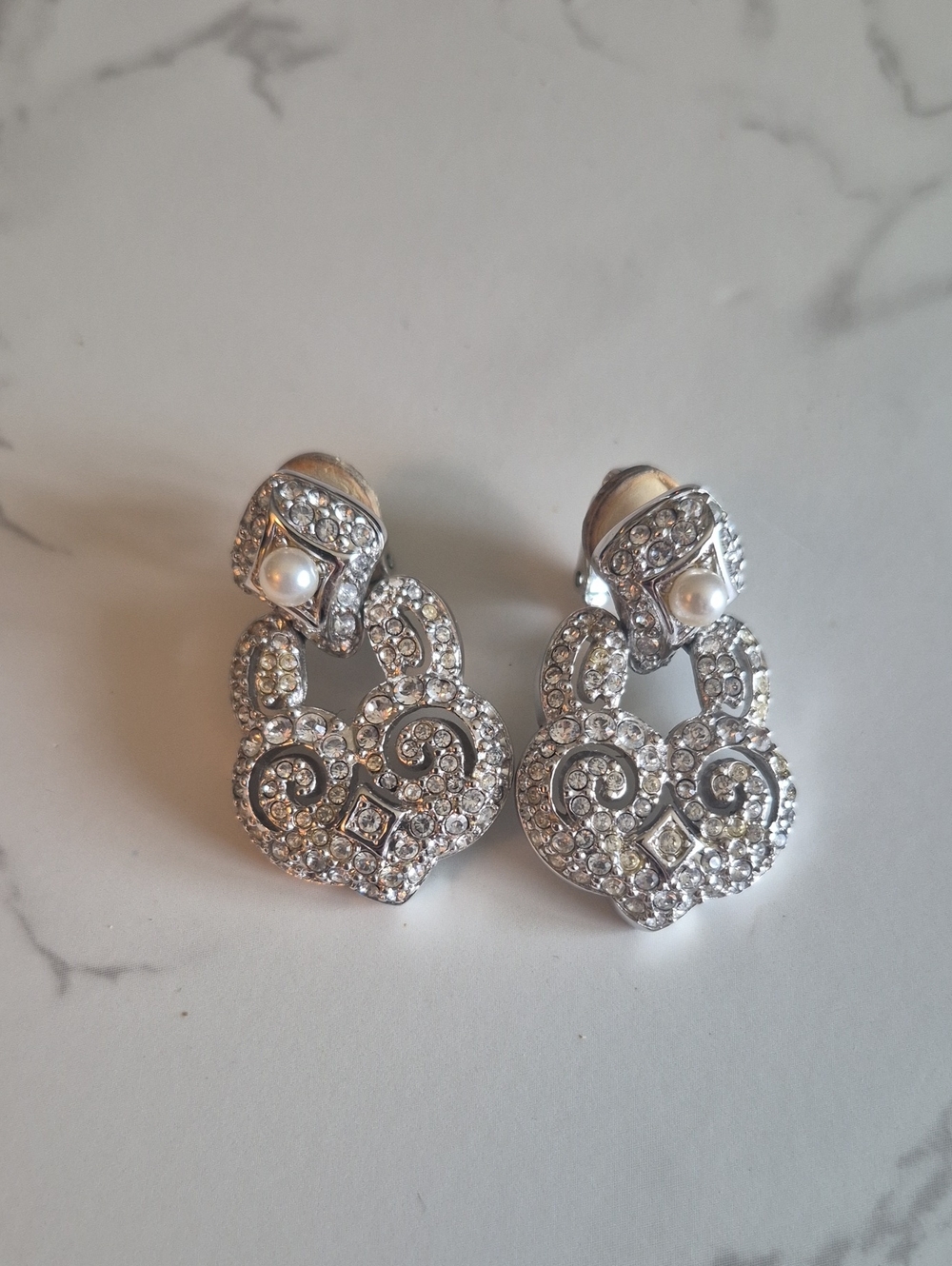 Vintage Signed Swarovski Silver-Tone Crystal & Pearl Filigree Drop Earrings